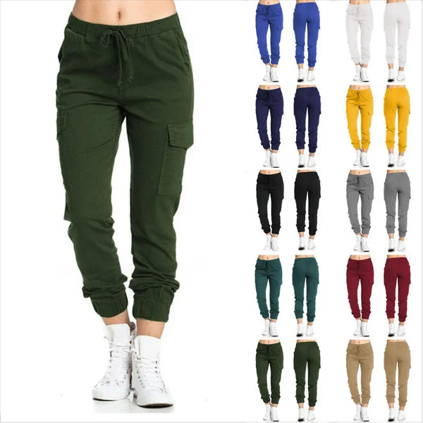 2022 New Solid Jogger Women's Cargo Pants Multi-Pocket Drawstring Elastic Waist Women Sports Pants Streetwear Casual Long Pant