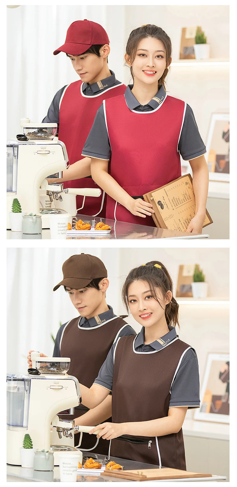 Custom Logo Brown Green Supermarket Convenience Studio Store Workwear Clothes Unifrom Working Vest Aprons With Zip Big Pokcets