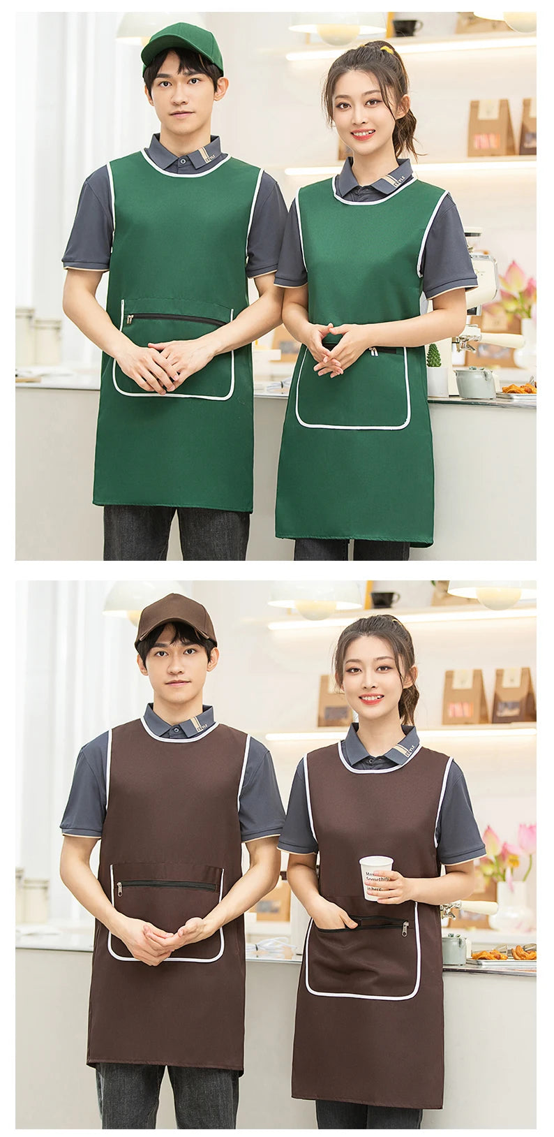 Custom Logo Brown Green Supermarket Convenience Studio Store Workwear Clothes Unifrom Working Vest Aprons With Zip Big Pokcets