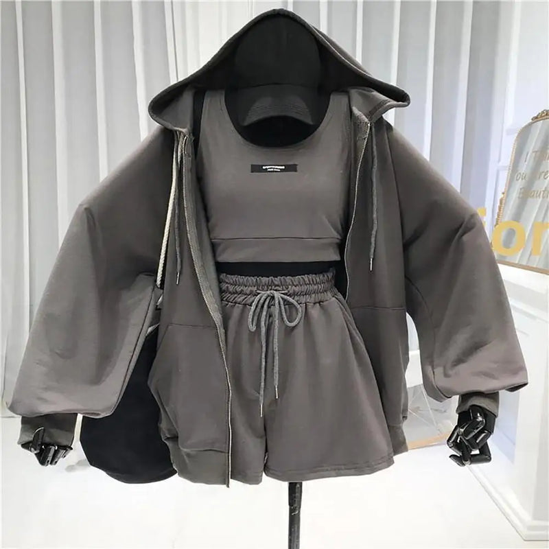 1 Set Women Sportswear  Long Sleeve   Women Coat Three Pieces Drawstring Shorts Vest Thin Coat Set