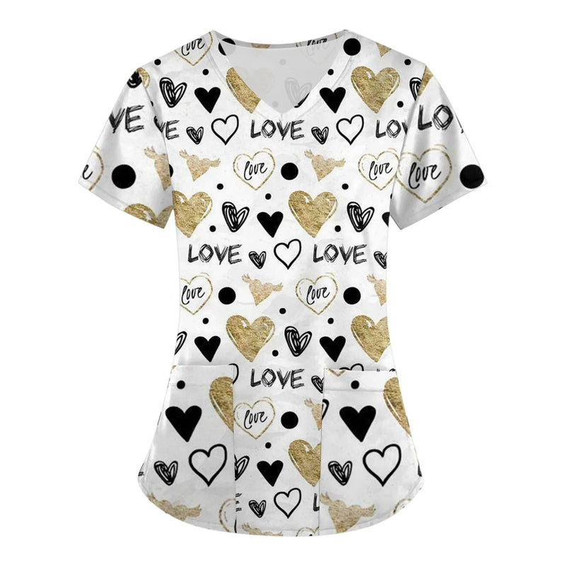 Women Working Uniform Valentine Day Femme Blouse Nurse work wear Medical Uniforms Heart Print Cartoon Short Sleeve V-neck Tops