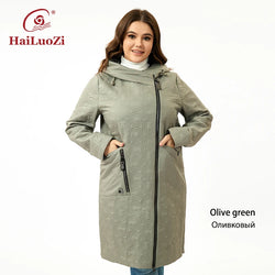 HaiLuoZi 2023 Autumn Women Jackets Plus Size Long Hooded Quilted Light weight Big pockets Bio-cotton Stylish Women's coat 5537