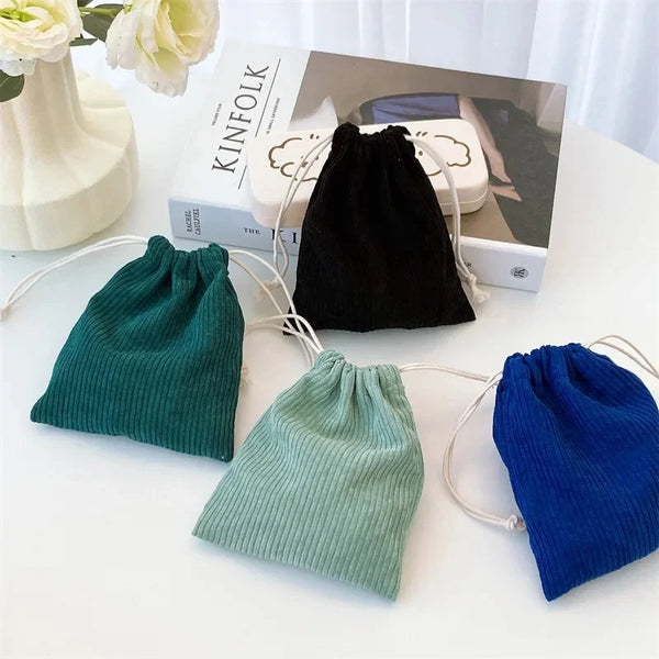 New Corduroy Storage Bag Drawstring Strap Pocket Makeup Bag Solid Color Women's Travel Portable Large CapacityZero Money Bag