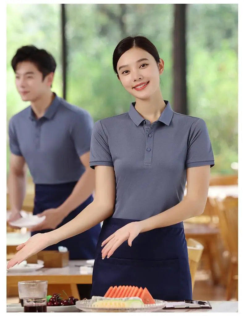 Spring Summer Polos Customized Logo Mens Shirt Women's Polos Solid Color Restaurant Waiter Work Clothes 100% Polyester