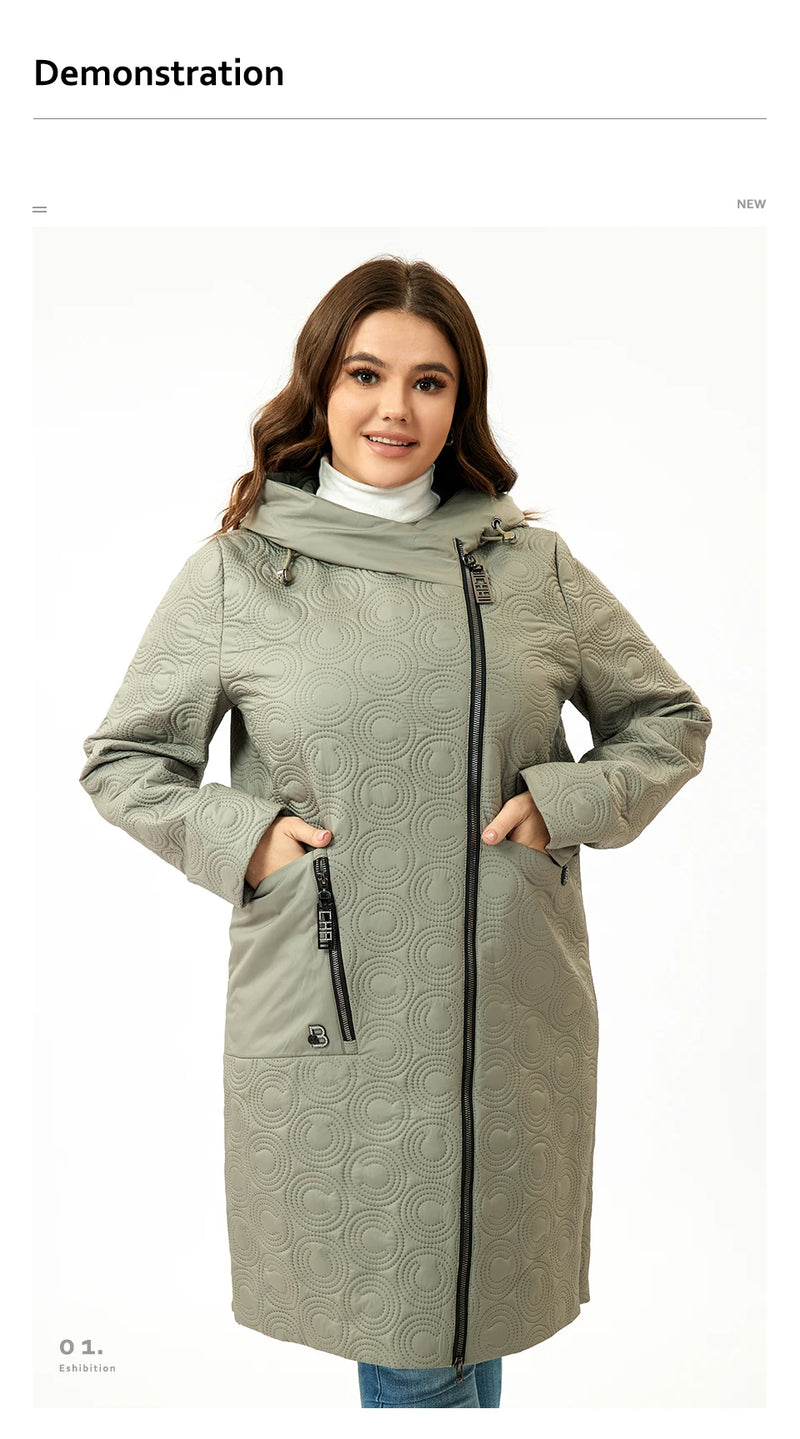 HaiLuoZi 2023 Autumn Women Jackets Plus Size Long Hooded Quilted Light weight Big pockets Bio-cotton Stylish Women's coat 5537