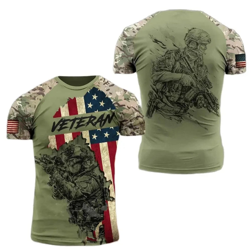 Summer New Military Printed Men's T-shirt American Soldier Casual Round Neck Short Sleeved Camouflage Loose and Comfortable Top