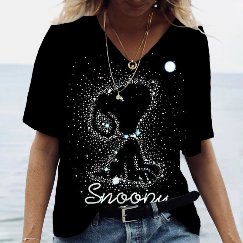 Summer Women T-Shirt S-3XL Fashion Short Sleeve V-Neck Top Snoopy print T-Shirt Casual Loose Female Street Style