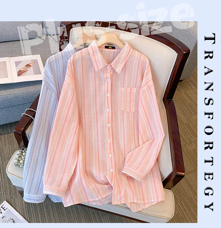 Plus Size women's spring casual commuter shirt terylene cotton fabric striped top medium long pocket top comfortable breathable