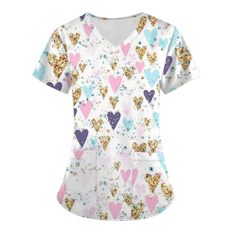 Women Working Uniform Valentine Day Femme Blouse Nurse work wear Medical Uniforms Heart Print Cartoon Short Sleeve V-neck Tops