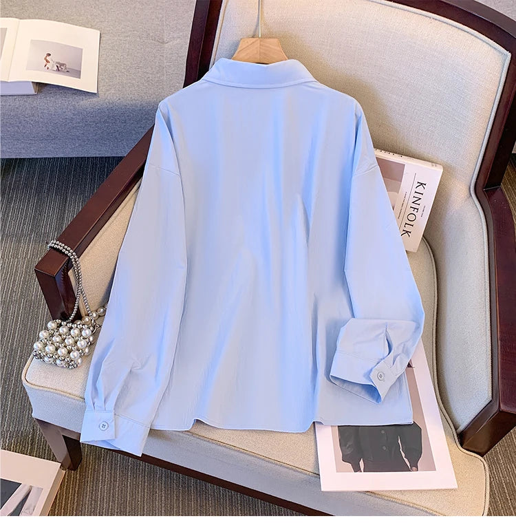 Spring and autumn new plus size women's commuter professional shirt polo collar blue simple loose blouse suit bottoming shirt