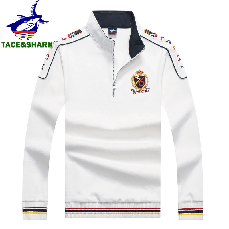 TACE&SHARK 2023 Casual Business Polo Shirt Pullover Half Zipper Long Sleeve Polo Shirt for Men Fashion Shark Embroidery