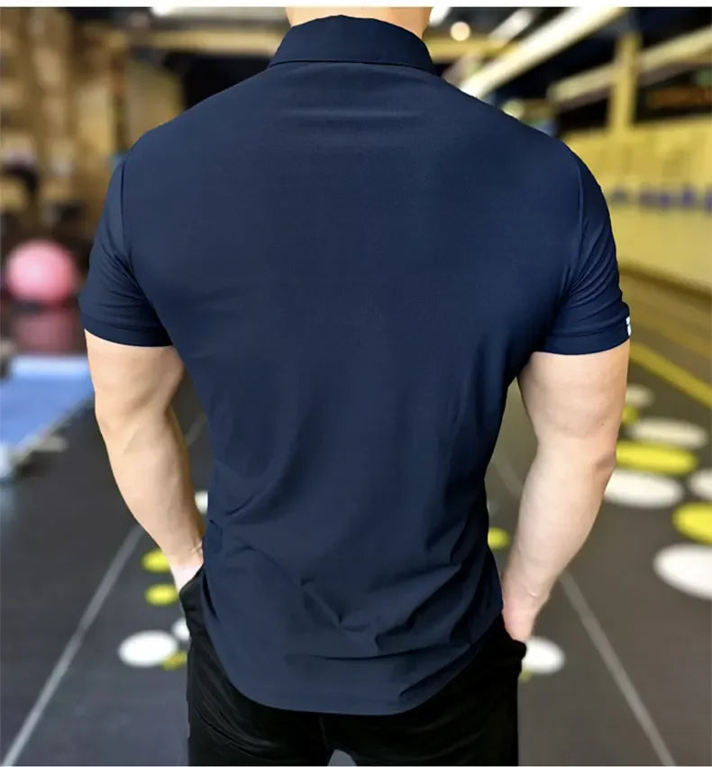 Men's Athleisure Ice Silk Top Tee Sweatshirts Fitness Training Tights Golf Short Lapel Activewear Sleeve Gym Muscle Fit Shirt