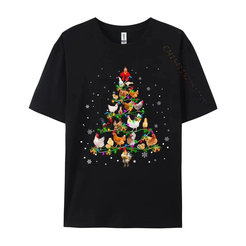 Chicken Christmas Tree Ornament Decor Xmas T-Shirt Male Fashionable Tops & Tees Round Neck Cotton Fabric Normal