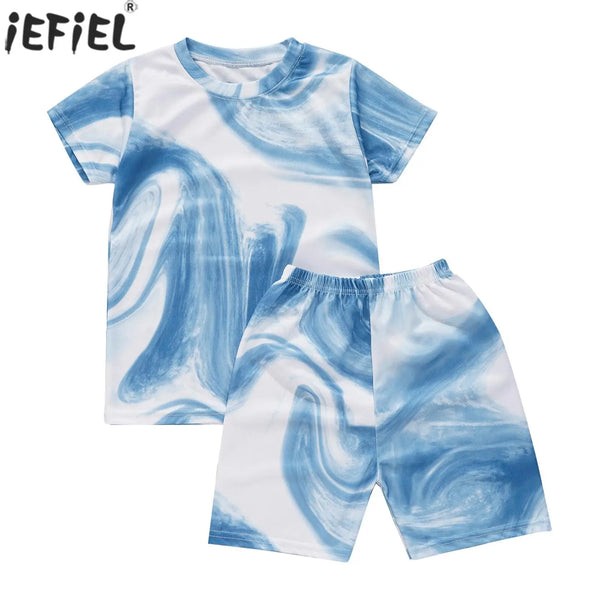 Boys Girls Sports Suit Quick-Dry Tracksuit Short Sleeve Print T-shirt with Shorts Kids Sportswear Gym Fitness Workout Activewear