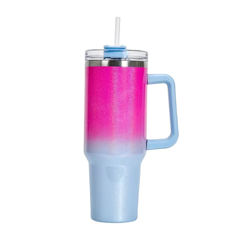 40oz Trendy Rainbow Glitter Gradient Mugs Insulated Tumbler With Handle & Straw Glittery Shimmering Holographic Travel Tumbler