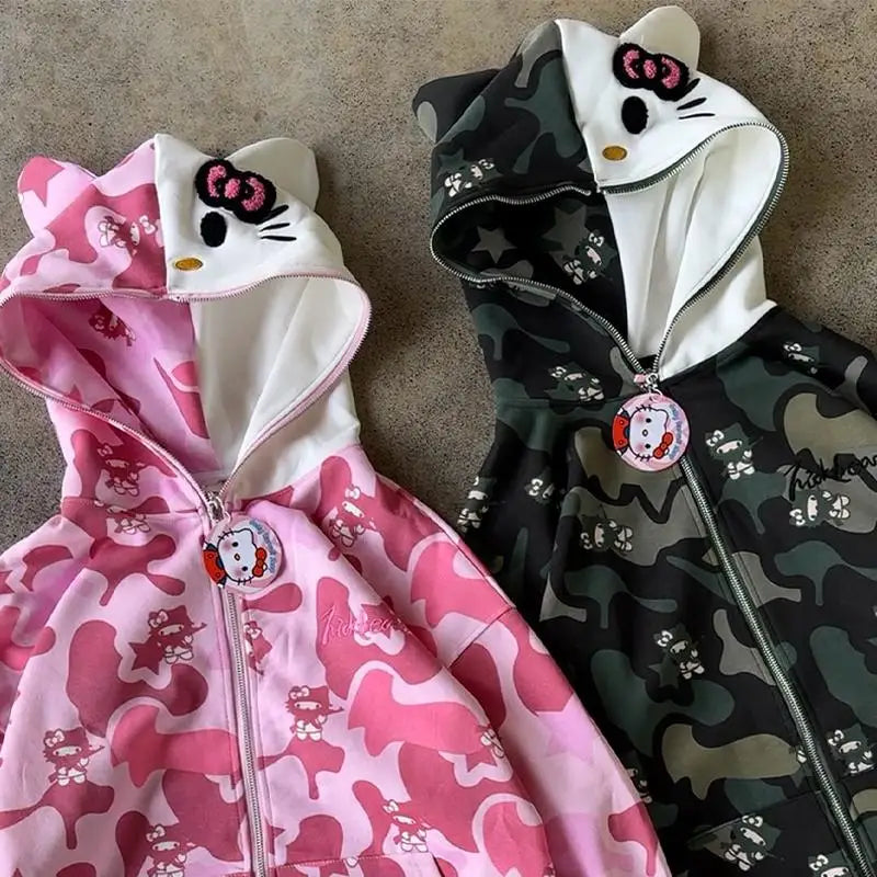 Hello Kitty Zip Hoodie Loose Cardigan Coat Streetwear Women Clothes Oversized Sweatshirt Cardigan Pure Cotton Camouflage Jacket