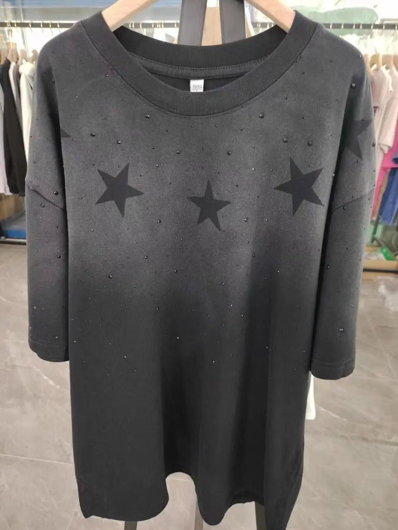 2024 Spring and Summer round Neck Washed and Worn Five-Pointed Star Rhinestone T-shirt Men's Heavy Thickening Loose Top Men