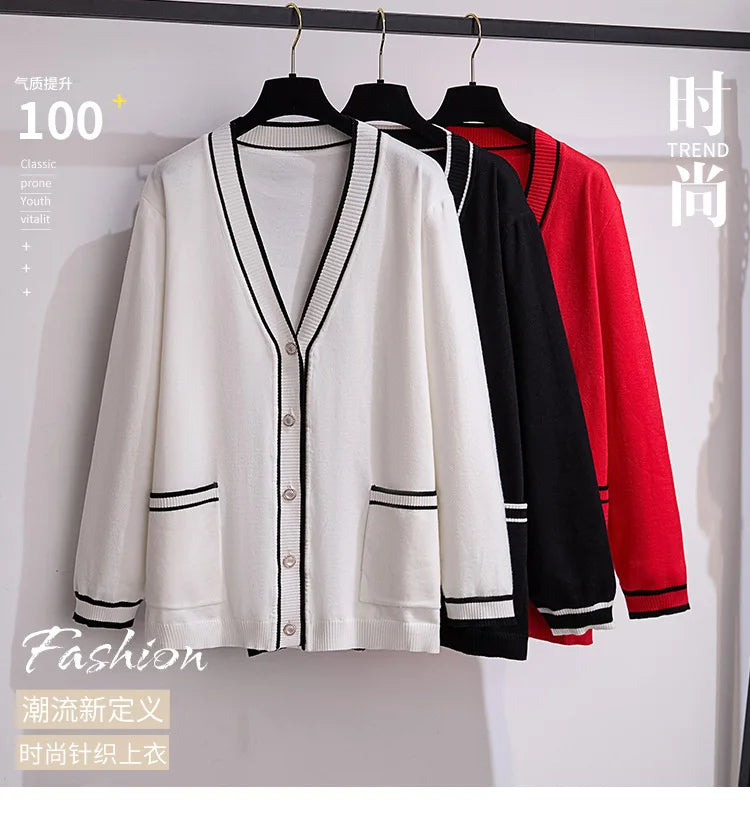 170Kg Plus Size Women's Bust 160 Autumn Loose V-Neck Cardigan Sweater Knitted Small Fragrant Style Jacket 5XL 6XL 7XL 8XL 9XL