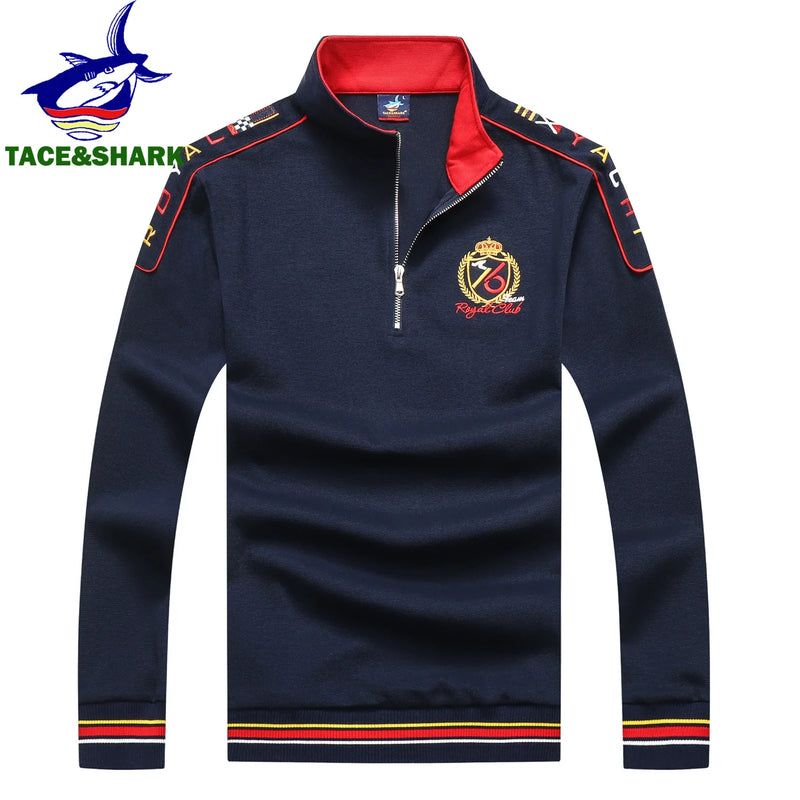 TACE&SHARK 2023 Casual Business Polo Shirt Pullover Half Zipper Long Sleeve Polo Shirt for Men Fashion Shark Embroidery