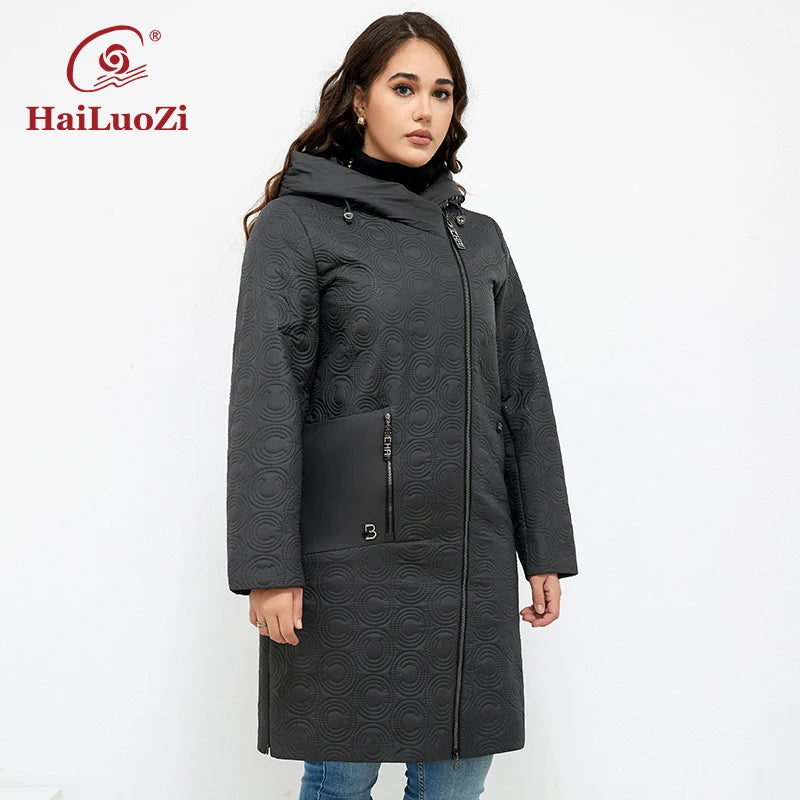 HaiLuoZi 2023 Autumn Women Jackets Plus Size Long Hooded Quilted Light weight Big pockets Bio-cotton Stylish Women's coat 5537