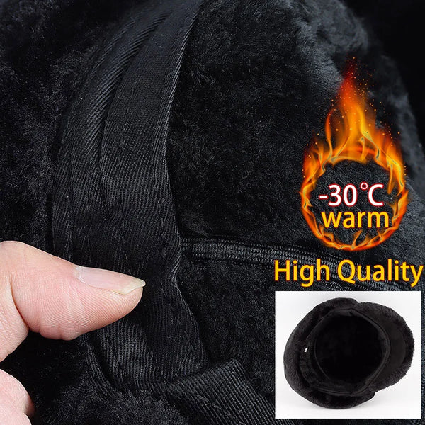 New 2024 Winter Bomber Hats Men Ushanka Russian Outdoor Warm Fleece Faux Fur Earflap Hat Dad Ski Snow Trapper Cap Black