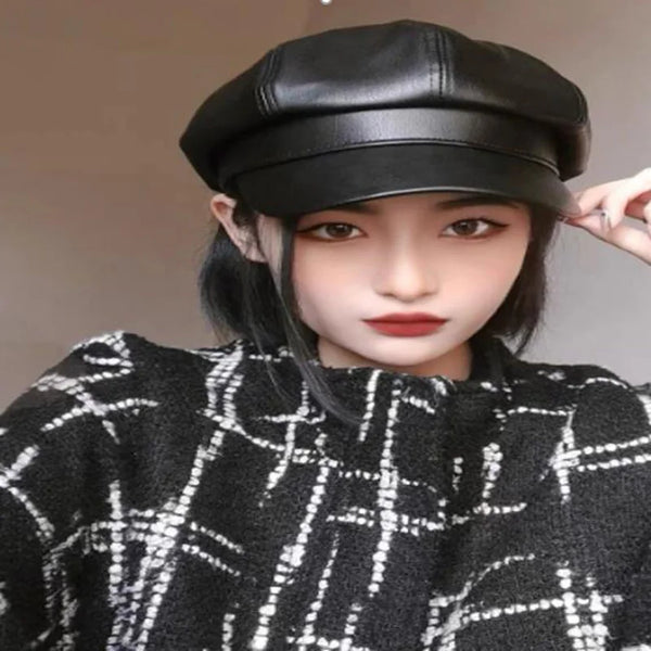 Women s Newsboy Beret Hat PU Leather Visor Cap Elegant British Style 8 Panel Octagonal Hat