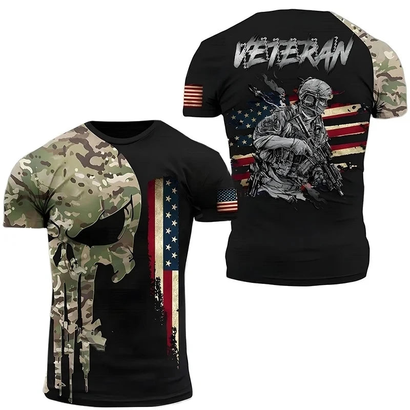 Summer New Military Printed Men's T-shirt American Soldier Casual Round Neck Short Sleeved Camouflage Loose and Comfortable Top