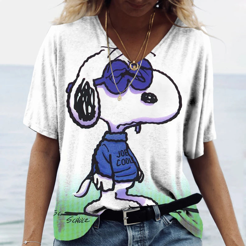 Summer Women T-Shirt S-3XL Fashion Short Sleeve V-Neck Top Snoopy print T-Shirt Casual Loose Female Street Style