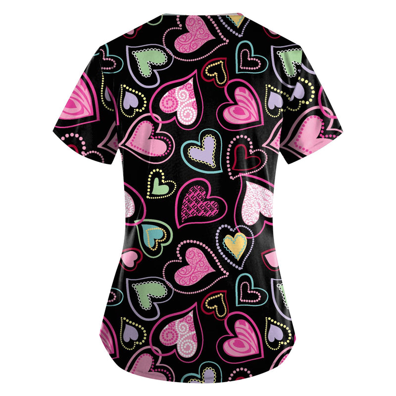 Women Working Uniform Valentine Day Femme Blouse Nurse work wear Medical Uniforms Heart Print Cartoon Short Sleeve V-neck Tops