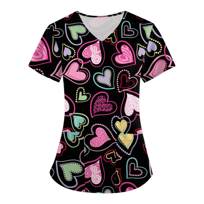 Women Working Uniform Valentine Day Femme Blouse Nurse work wear Medical Uniforms Heart Print Cartoon Short Sleeve V-neck Tops