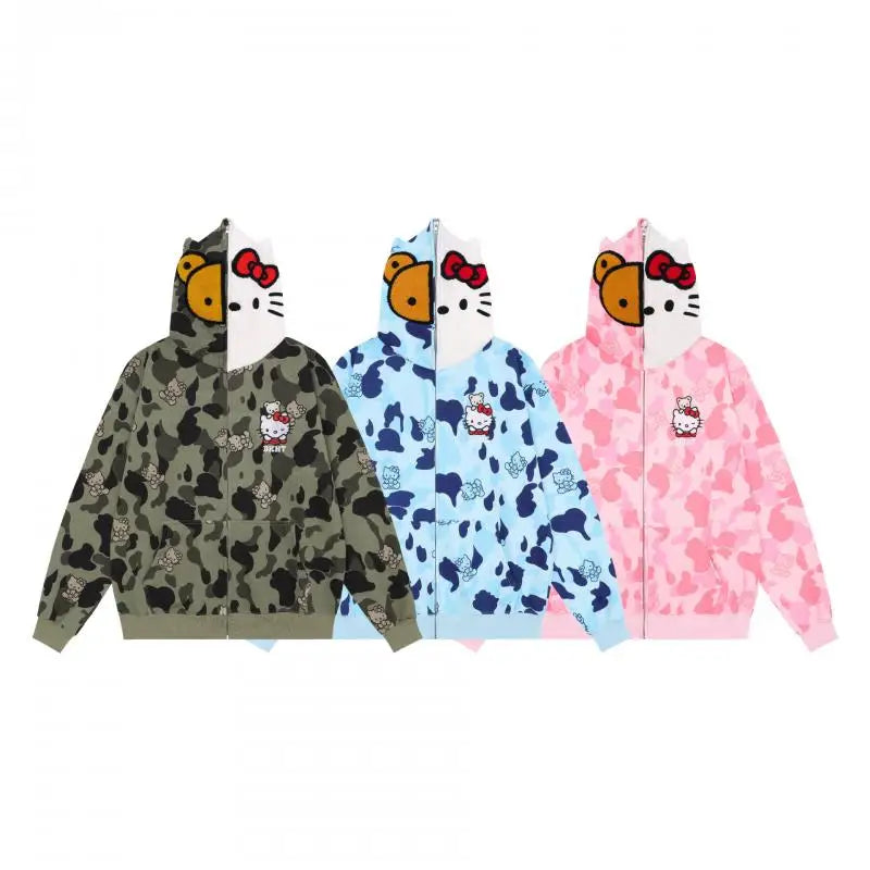 Hello Kitty Zip Hoodie Loose Cardigan Coat Streetwear Women Clothes Oversized Sweatshirt Cardigan Pure Cotton Camouflage Jacket