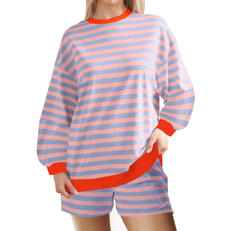 Women Casual Summer Shorts Outfit Stripe Print Round Neck Long Sleeve T-Shirt Pullover Tops with Elastic Waist Shorts Loungewear