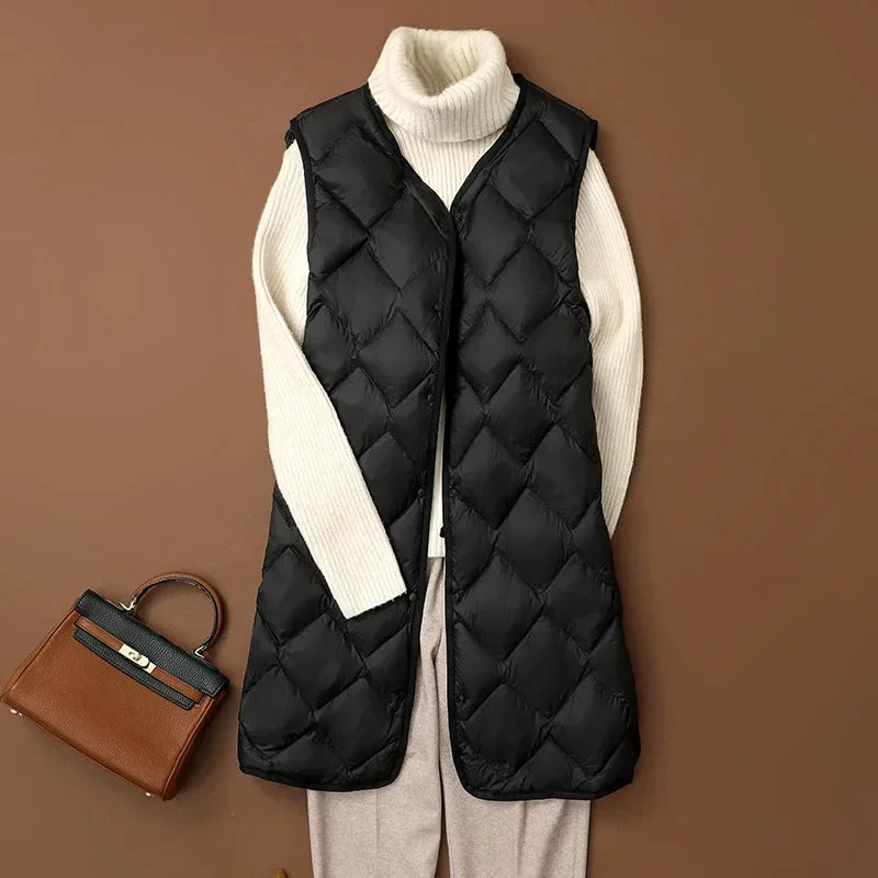 Plus Size Female Korean V-neck Casual Ultra Light Vest Coat Autumn Winter Women X-Long White Duck Down Warm Sleeveless Jackets