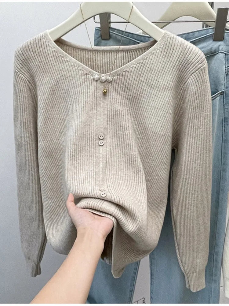 Plus Size Autumn V-Neck Pullover Sweater Women Pleated Loose Korean Ladies Sweaters Modis Casual Long Sleeve Woman Sweaters Tops