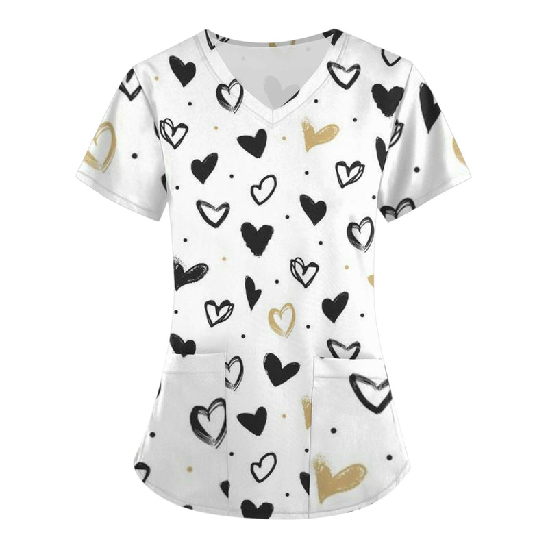 Women Working Uniform Valentine Day Femme Blouse Nurse work wear Medical Uniforms Heart Print Cartoon Short Sleeve V-neck Tops