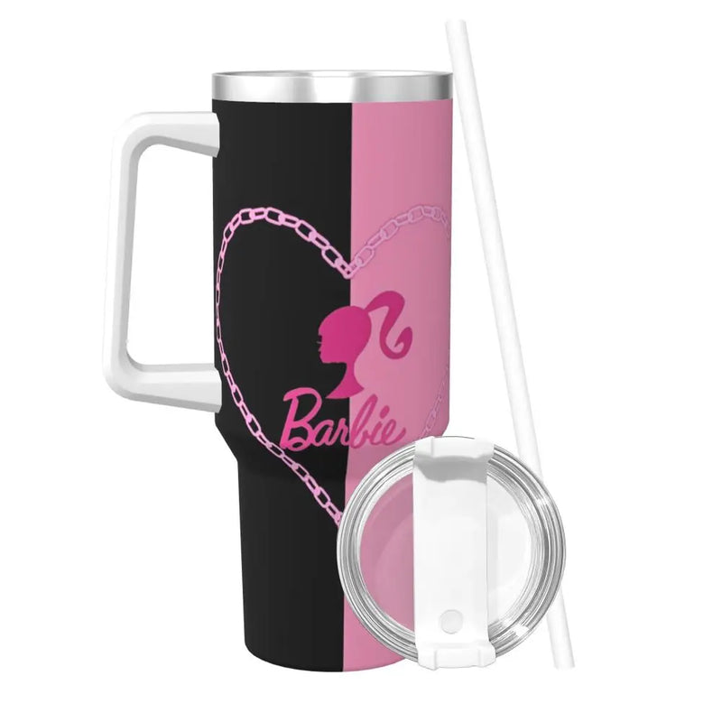 Stainless Steel Tumbler Miniso Kawaii Barbie Car Mugs With Straws Pink Logo Beach Cold Drink Water Bottle Large Coffee Mug