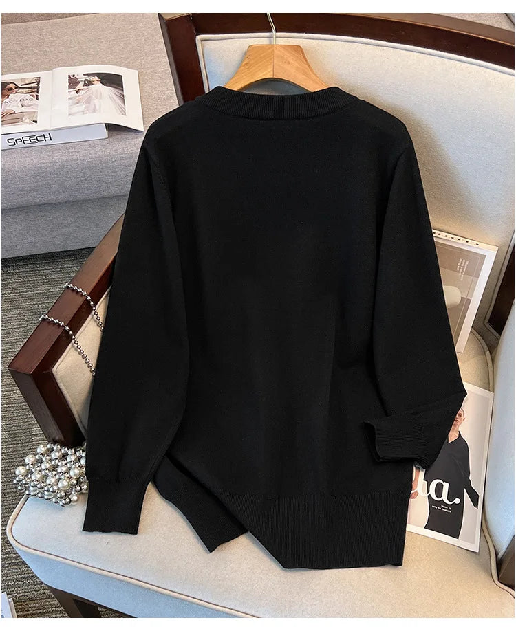 170Kg Plus Size Women's Bust 160 Spring Autumn Loose Cardigan Sweater Knitted Jacket Black Dark Gray 4XL 5XL 6XL 7XL 8XL 9XL