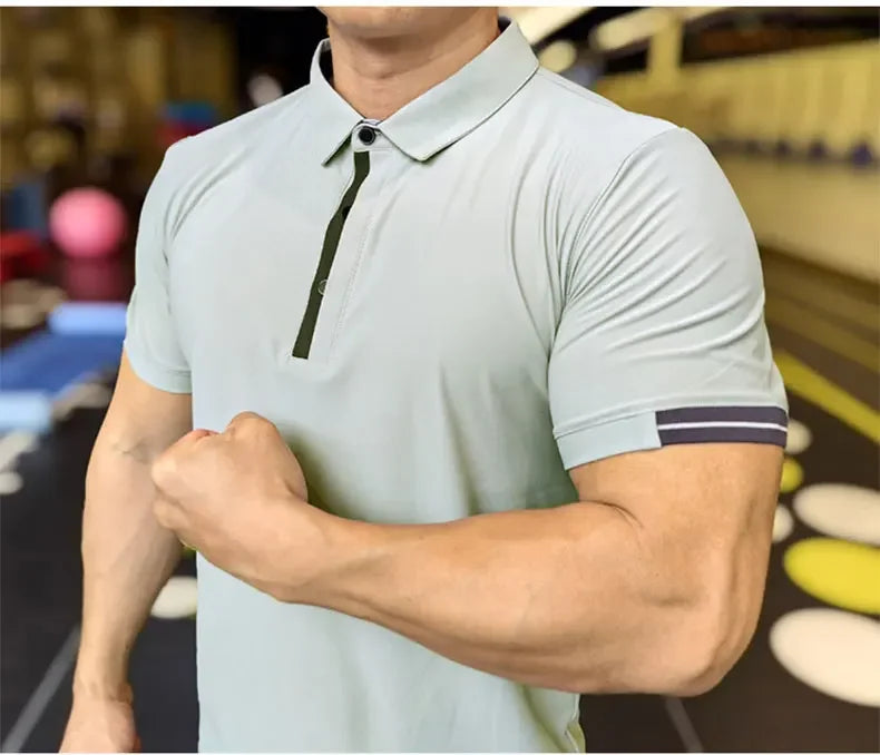 Men's Athleisure Ice Silk Top Tee Sweatshirts Fitness Training Tights Golf Short Lapel Activewear Sleeve Gym Muscle Fit Shirt