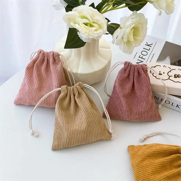 New Corduroy Storage Bag Drawstring Strap Pocket Makeup Bag Solid Color Women's Travel Portable Large CapacityZero Money Bag