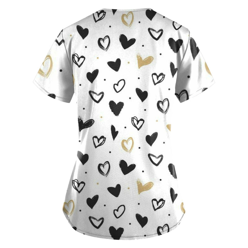 Women Working Uniform Valentine Day Femme Blouse Nurse work wear Medical Uniforms Heart Print Cartoon Short Sleeve V-neck Tops