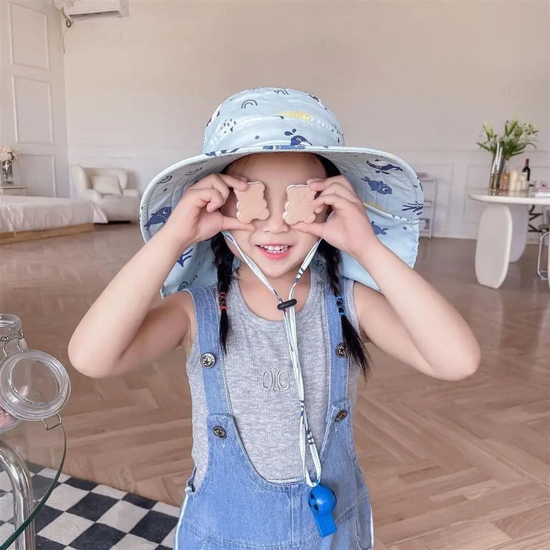 Bucket Cap Summer Baby Hat Neck Ear Cover With Whistle Children's Sunscreen Hat Wide Brim Breathable Kids Beach Caps