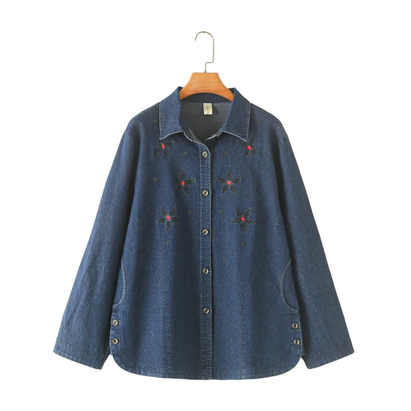 Women's Loose Denim Long Sleeve Shirt, Five-Petal Flower Embroidered Coat, Plus Size, Spring and Autumn, New, 8932