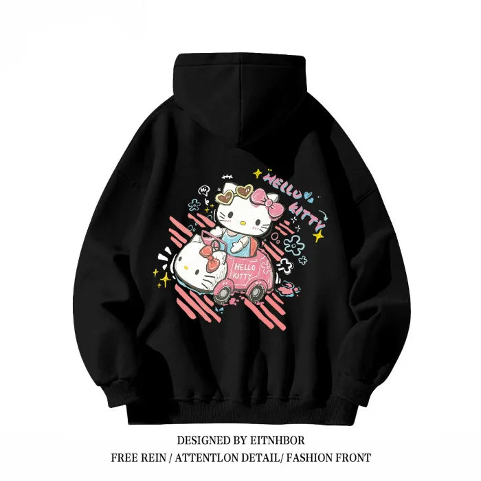 Hello Kitty Hooded Sweatshirt American Niche Fun Graffiti Cartoon Anime Women'S Autumn and Winter Loose Fit Slimming Jacket