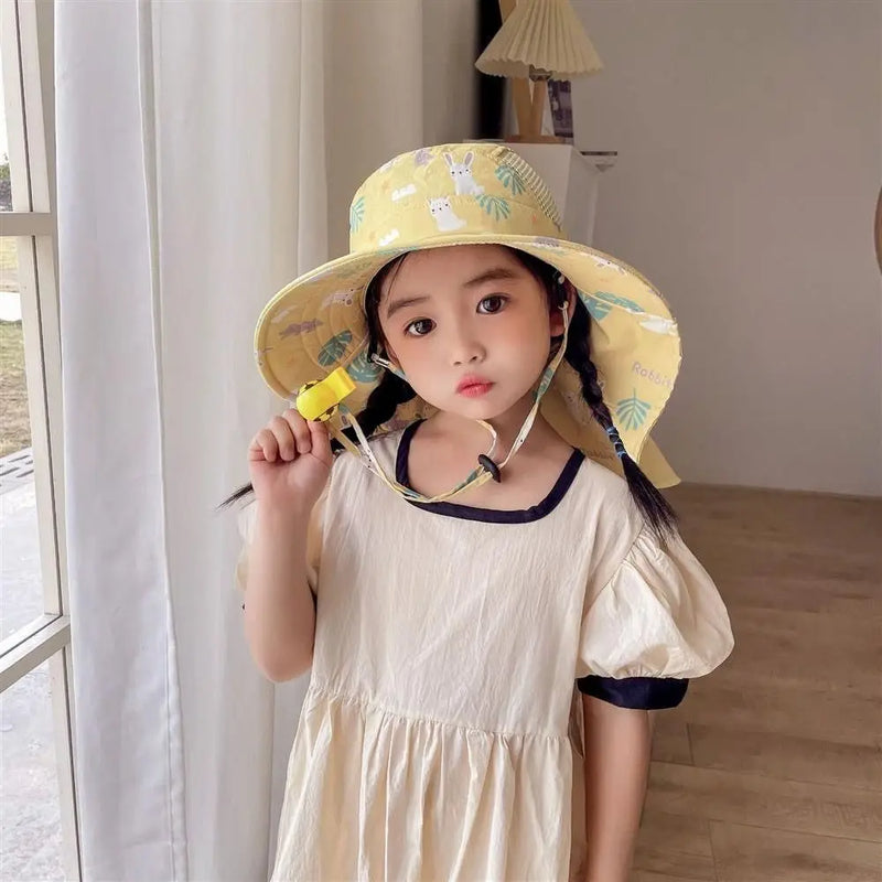 Bucket Cap Summer Baby Hat Neck Ear Cover With Whistle Children's Sunscreen Hat Wide Brim Breathable Kids Beach Caps