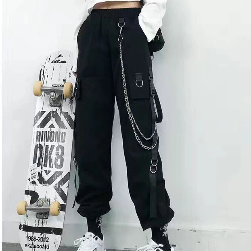 ZOKI Gothic Women Cargo Pants Black Joggers High Waisted Harajuku Harem Pants Punk Goth Techwear Chain Trousers Female Hip Hop