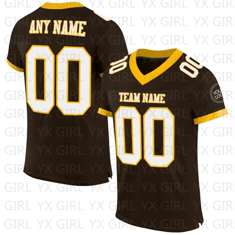 Custom Brown White-Old Gold  Football Jersey Personlized Team name and you name, number V-Neck Athletic Football T-Shirts