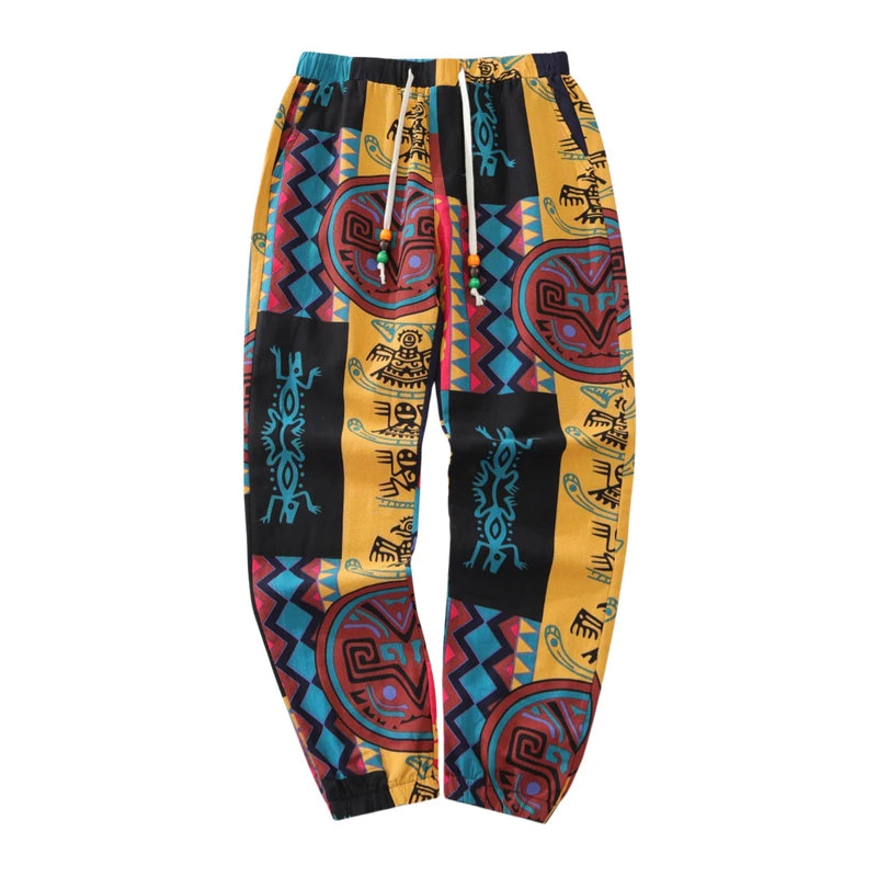 Mens Boho Tribal Print Stretch Linen Pnats Cotton Blend Drawstring LightWeight Trousers with Pockets Summer Jogger Pants