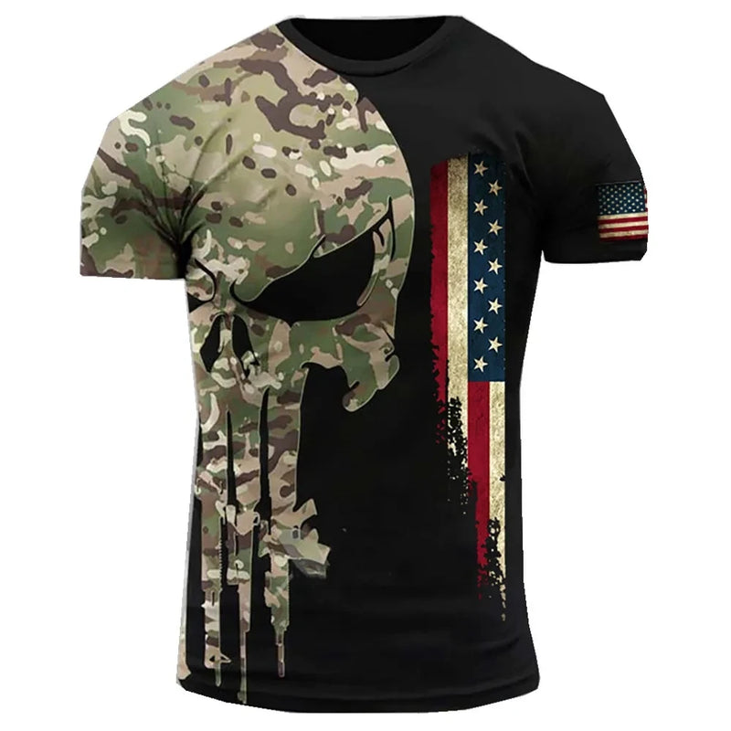 Summer New Military Printed Men's T-shirt American Soldier Casual Round Neck Short Sleeved Camouflage Loose and Comfortable Top