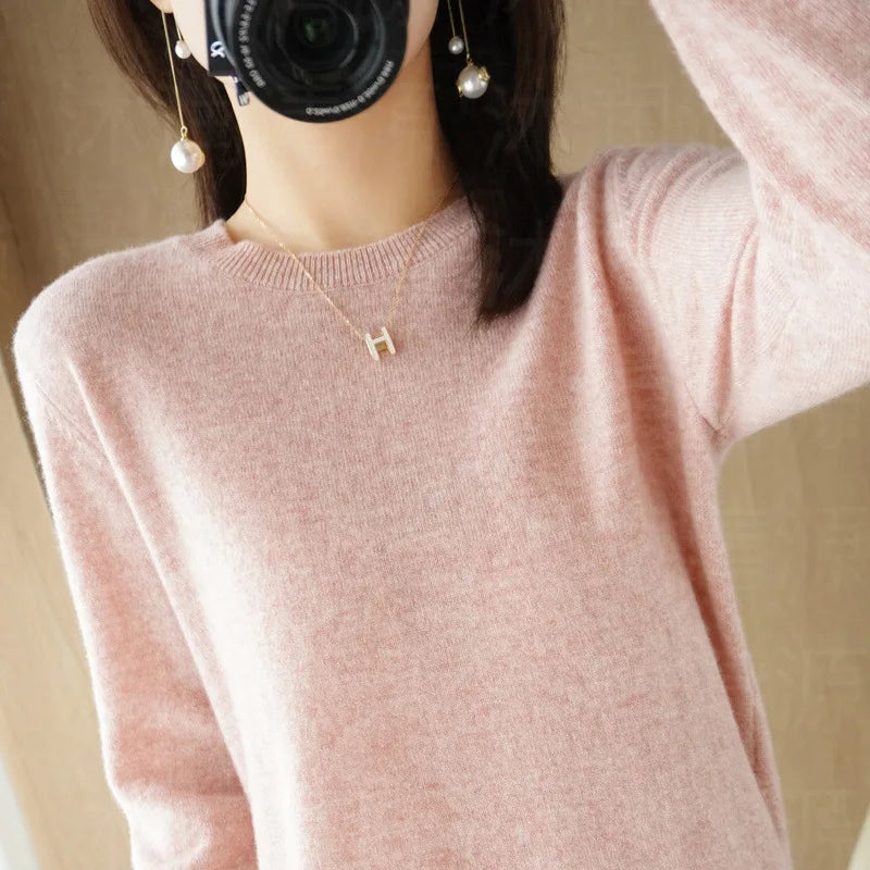 Sweaters Round Neck Pullover Women Keep Warm Long Sleeves Solid Color Bottoming Shirt Autumn Winter Cashmere Commuting Style