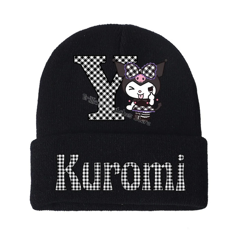 Kuromi Knitted Hat for Children A-Z Letters Cartoon Beanies Cap Winter Kids Street Hats Outdoor Warm Knitted Cap Black Hats Gift